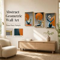 Ensemble de triptyques d'art mural géométrique abstrait avec cadres dorés pour la décoration intérieure moderne du salon