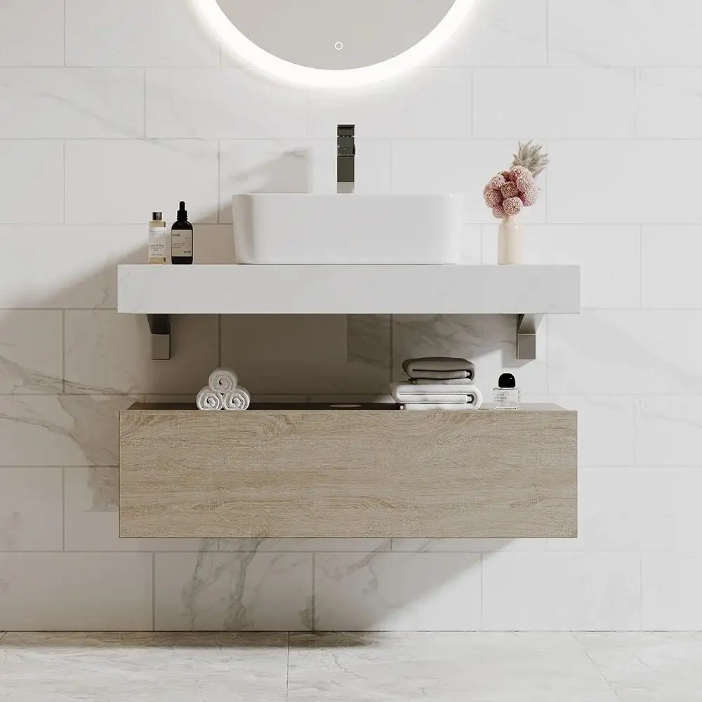 Modern Wall Mounted natural Bathroom Cabinet Vanity Set Single Sink Floating Vanity