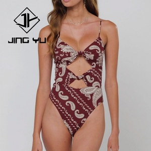 High Quality Beach Bohemian Print Knotted Hollow One Piece Swimsuit Custom Recycled Nylon One Piece Swimsuit - Product Image 2