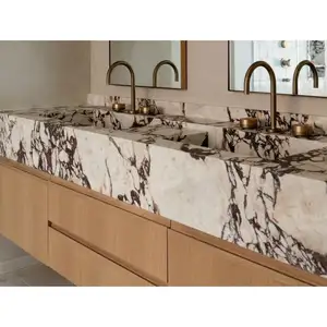 SHIHUI Modern Calacatta Viola Marble Countertops Vanity Table Tops Polished Bathroom Marble Vanity Double Sink Basin