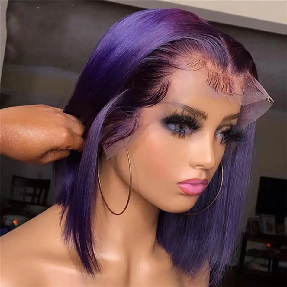 安い紫色のショートボブウィッグ黒人女性のための人間の髪のレースフロントウィッグ生のインドの髪 #613ブロンドHDレースフロントウィッグ