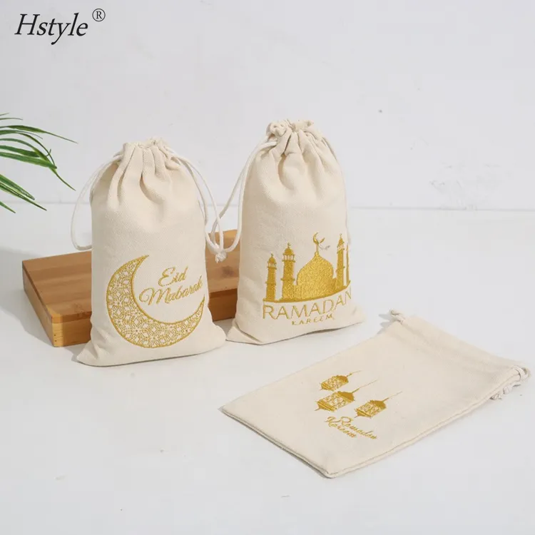 Ramadan Decoração Eid Pacote de 12 Sacos De Presente Bordado Dourado 10*18 cm Três Padrões Ramadan Gift Bags Com Cordão ZY020