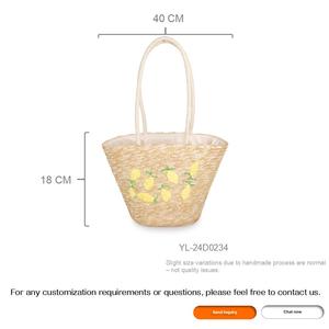 Bolso Tote Tejido de Paja de Trigo Natural con Bordado de Limón, Asas Dobles, Forro de Poliéster, Estilo Boho, para Playa, Viajes, Vacaciones, Regalo para Mujer - Product Image 3