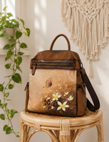 Tas Ransel Kulit Lukis Tangan Retro untuk Toko Hadiah Butik, Tas Punggung Kulit Sapi Boho untuk Perjalanan Sehari-hari dengan Tali Bahu yang Dapat Disesuaikan