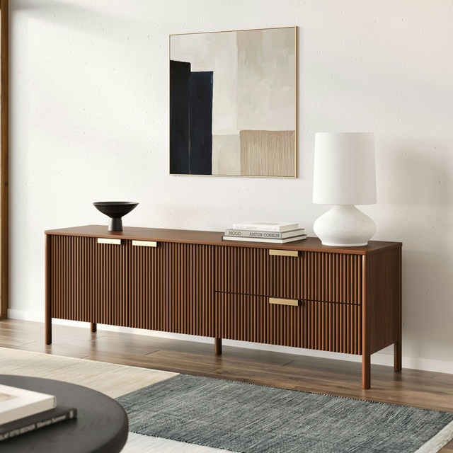 100 MOQ Wooden Mid-Century Modern Fluted TV Stand Cabinet with Cable Management for Living Room
