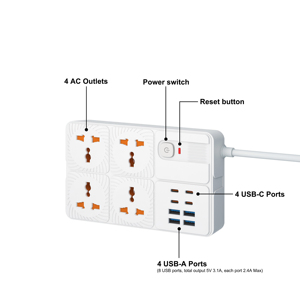 OEM Anh Cắm Mở Rộng Ổ Cắm Điện Dải 4 AC Cửa Hàng Bảo Vệ Quá Tải 4 USB Type-C Cổng 1.8M Cáp Du Lịch Nhà Văn Phòng - Product Image 5