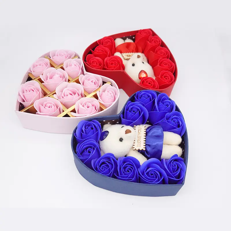 Boîte de fleurs artificielles en forme de coeur coffrets cadeaux pour fille mère saint valentin cadeau savon Rose avec ours papier boîte cadeau