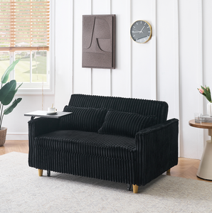 Pull-out & Push-in Foldable Reclining Black Corduroy <b>Sofa</b> with Dual Functions Movable Tabletop and USB Ports - Product Image 2