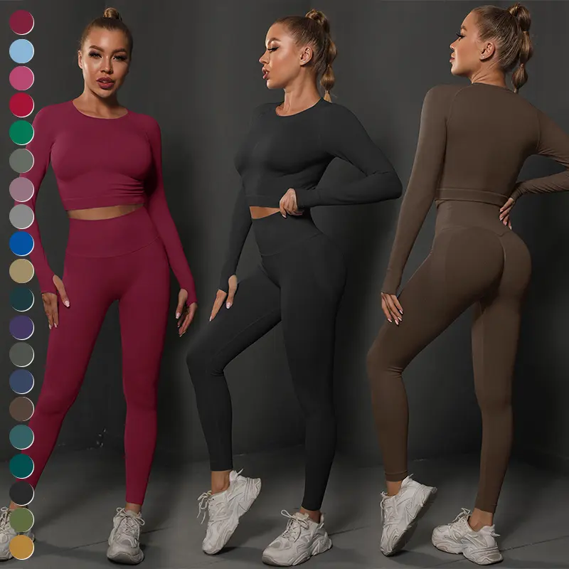 Custom Workout Kleding 2 Delig Pak Gebreide Lange Mouw Top Hoge Taille Leggings Gym Fitness Sets Naadloze Yoga Set Voor Vrouwen