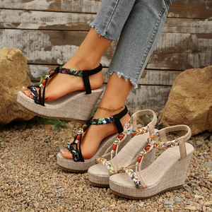 Sandales compensées pour femmes, style bohème européen et américain, à semelle épaisse tressée, pour l'été - Product Image 4