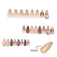 Faux ongles de luxe à presser, motif écaille de tortue, fleurs 3D, courts, forme amande, style French, réutilisables, perles dorées, vente en gros