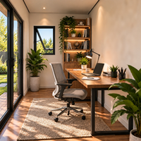 Cabine de travail de jardin pour l'apprentissage à domicile, espace de concentration silencieux avec lumière naturelle, rangement intelligent et design intérieur confortable