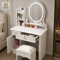 HarmTai Coiffeuse Moderne en Bois MDF Blanc Sculpté avec Miroir Ovale Éclairé et Meuble de Rangement Multiple pour Chambre à Coucher
