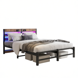 Db Queen Size Metal Bed Frame Wooden <b>Headboard</b> Rgb Lights Charger Storage <b>Shelf</b> No Box Spring Needed Rustic Style - Product Image 1
