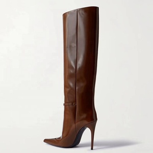 Women's Metal Buckles Patent <b>Long</b> Boots Slim High-Heeled Pointed Toe Knee High Booties Straight Upper on Shoes - Product Image 6