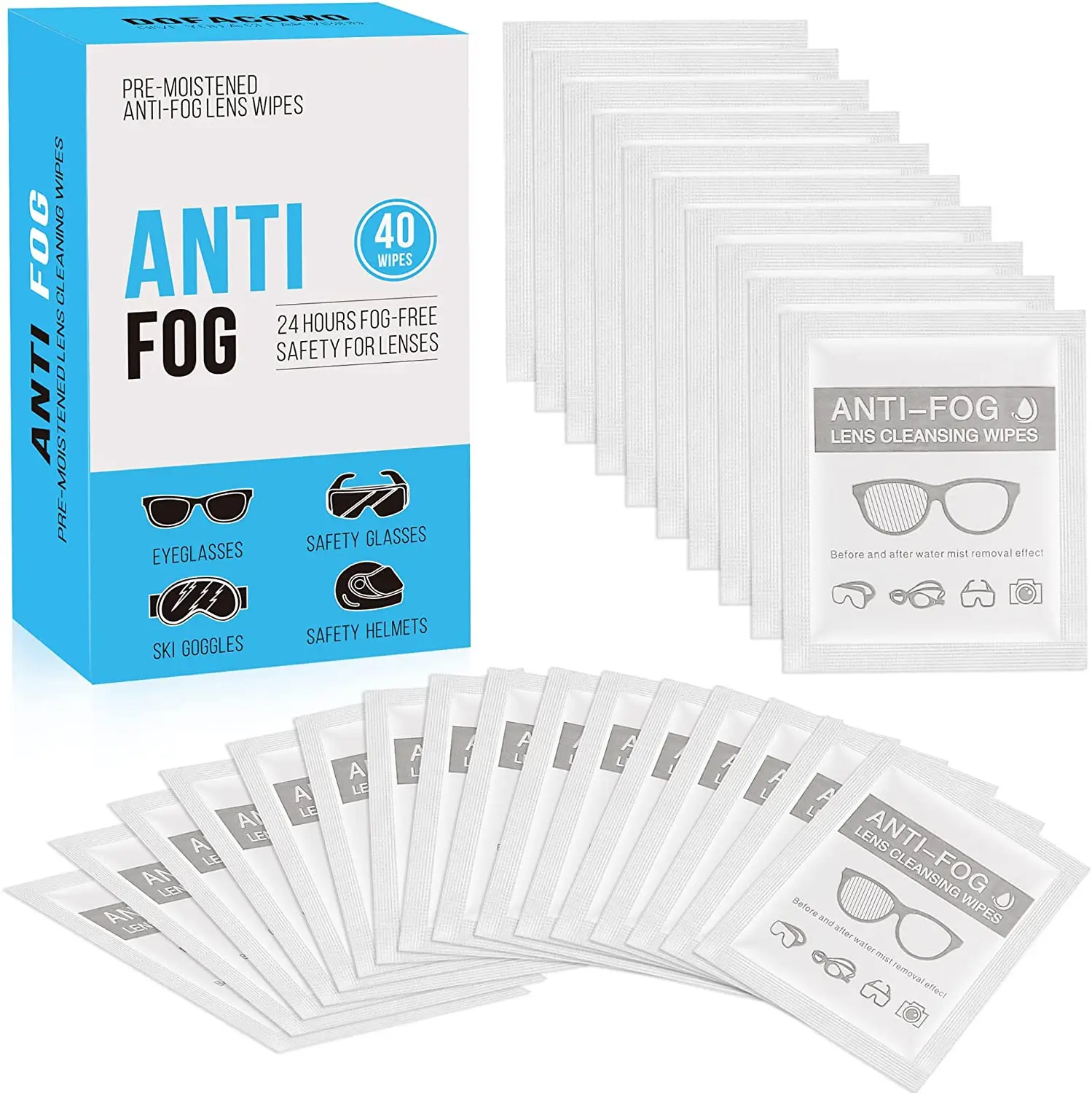 Anti-Fog Wipe Pre-moistened Wipes for Glasses, Binoculars, Face Shields, Ski Masks Fogging on Glass