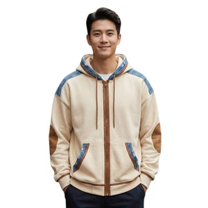 Vente en gros de sweats à capuche zippés surdimensionnés pour hommes en molleton de coton épais, personnalisables, avec patchwork en denim, pour sports de plein air, fournisseur populaire - Product Image 1