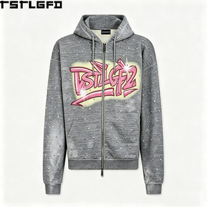 Sudadera con capucha personalizada de algodón grueso con cremallera bidireccional, estampado de grafiti con pedrería, estilo urbano, corte holgado, venta al por mayor - Product Image 4