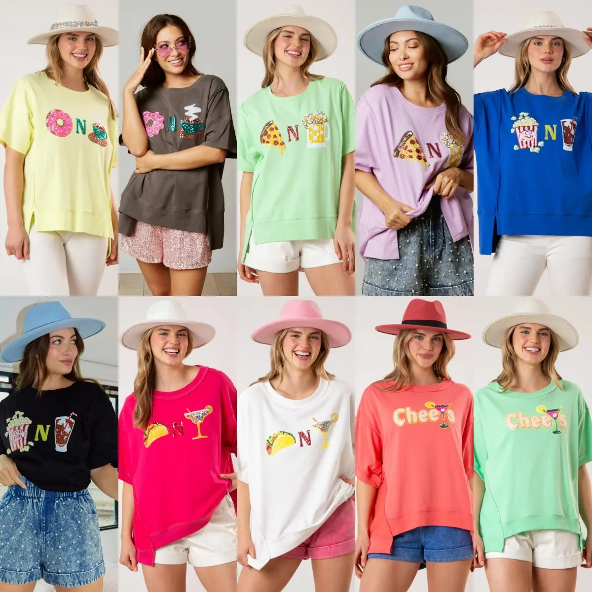 Camiseta de verão com lantejoulas para férias, camiseta com logotipo personalizado, gola redonda, manga curta, cor doce, camisetas grandes para mulheres