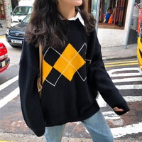 Pull tricoté surdimensionné à motif losanges pour femme, style vintage décontracté et preppy, collection automne 2026