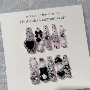 Großhandel Y2K Handgefertigte Acryl Luxus Herz-Print Aufklebenägel Rote Französische Nägel Glänzende Silber Glitzer Künstliche Nägel - Product Image 1