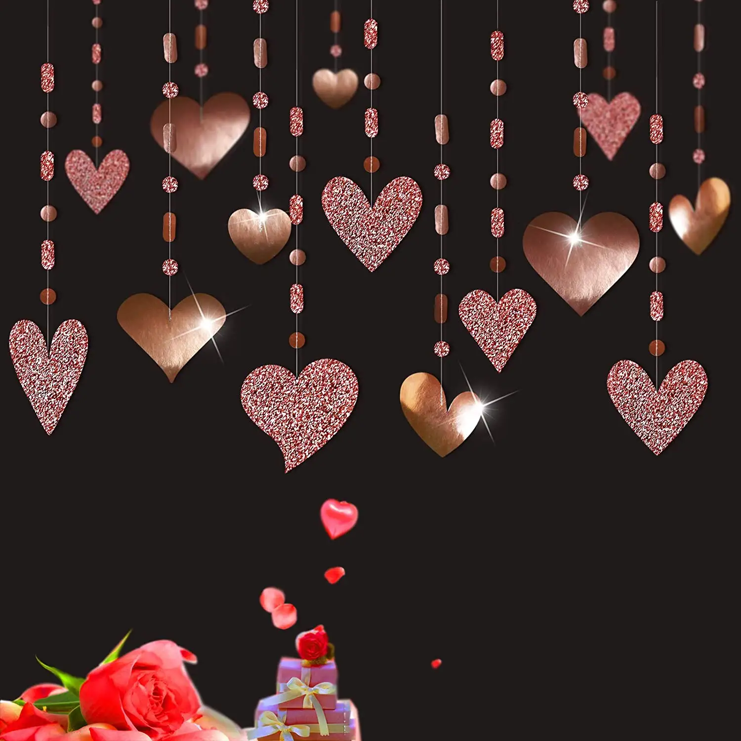 Glitter gül altın kalp çelenk süslemeleri asılı kalp afiş flama dize zemin anneler günü sevgililer dekor