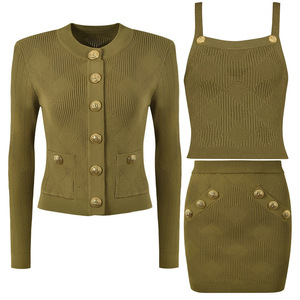 Conjunto de tres piezas de cárdigan de punto informal de una sola botonadura con cuello redondo elegante a la moda para <span class=keywords><strong>mujer</strong></span> de fabricante <span class=keywords><strong>al</strong></span> <span class=keywords><strong>por</strong></span> <span class=keywords><strong>mayor</strong></span> - Product Image 5