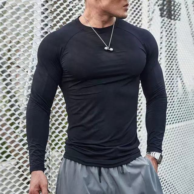 Custom Logo Men's Sporty Compression Long Sleeve T-Shirt Spandex/Nylon Material Quick Dry Breathable Running Gym Plain Tee ODM