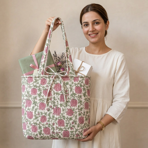 Sac fourre-tout de plage matelassé en coton de luxe, fait main, imprimé coquillages roses, spacieux, pour le marché, les voyages et le quotidien - Product Image 6