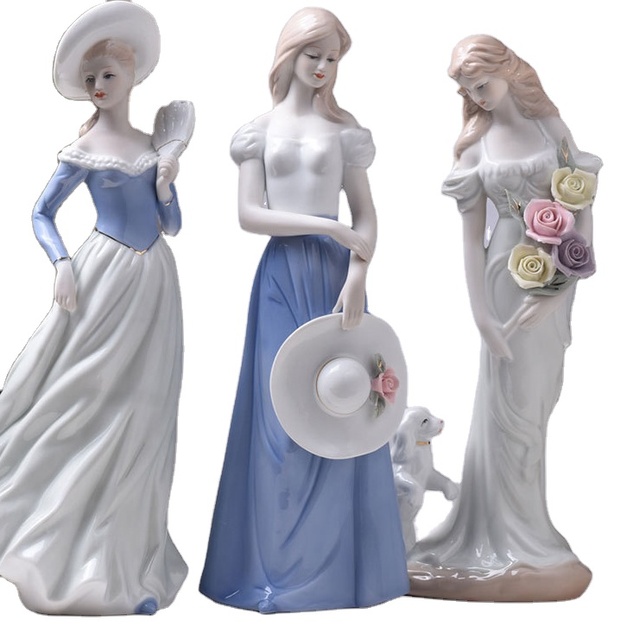 Europe Beauty Figurines Ceramic Home Decoration Western Lady Porcelain Elegant Woman Figurine Pottery Ornament Wedding Gift