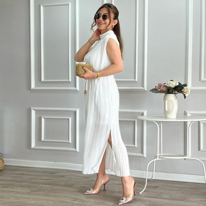 Vestido Largo Casual de Moda Primavera-Verano 2024, Estilo Europeo Americano, Cuello Medio Alto, Cintura con Encaje, Color Sólido - Product Image 3
