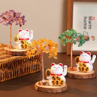 Arbre de la Fortune Chat Porte-Bonheur en Gravier de Cristal Naturel, à Énergie Solaire, à Agitation Automatique, en Résine Époxy Pure Faite à la Main, Décoration Maison et Bureau