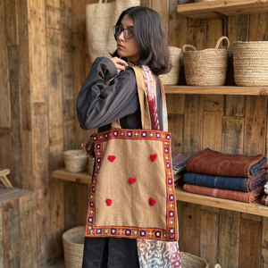 Sac fourre-tout bohème en toile, forme rectangulaire, cœurs rouges brodés, sac de rangement écologique pour vêtements, grande capacité, ouverture supérieure - Product Image 2