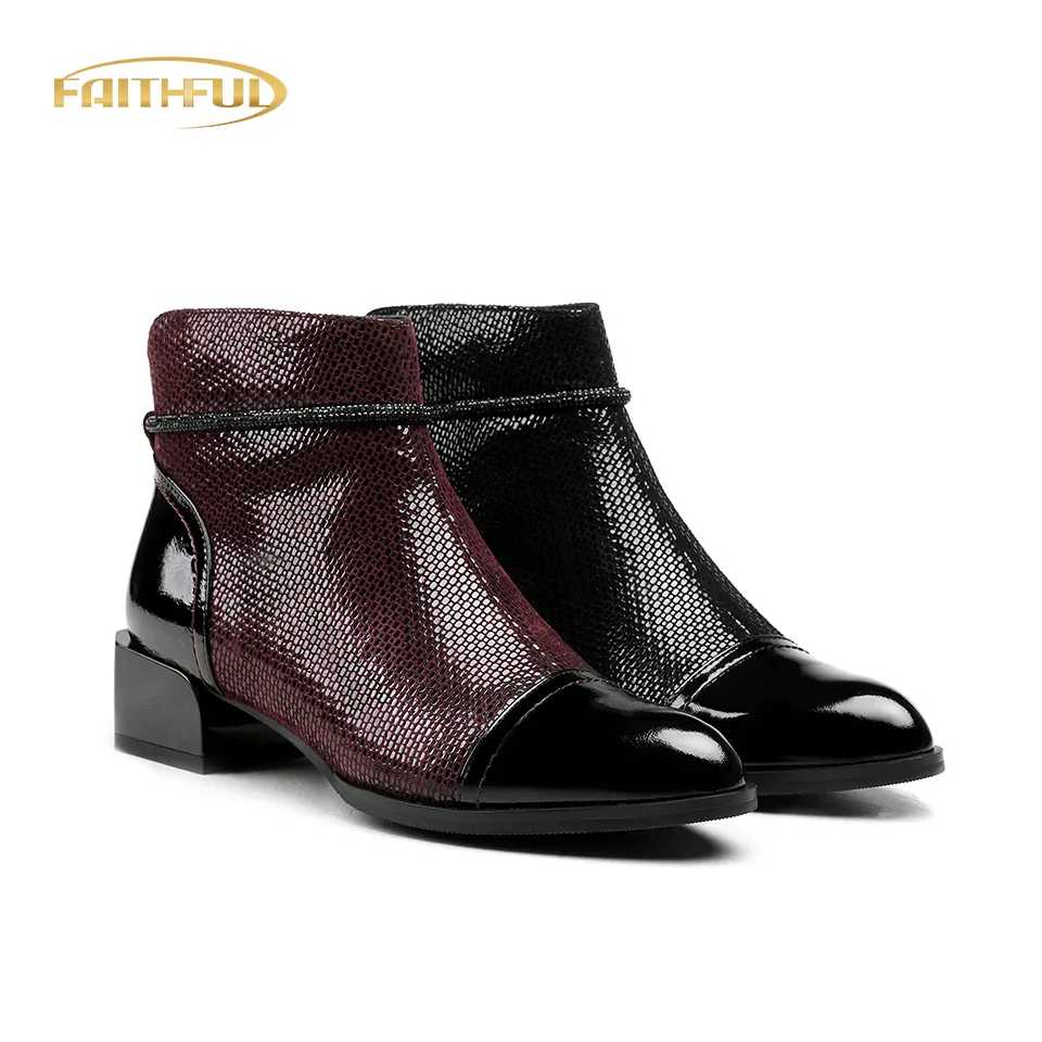 Mesh Shoes Low Square Heel Ladies Boots Ankle Leather Short Ankle Boots High Quality Sexy Wrinkle Patent Leather Velvet ZIP