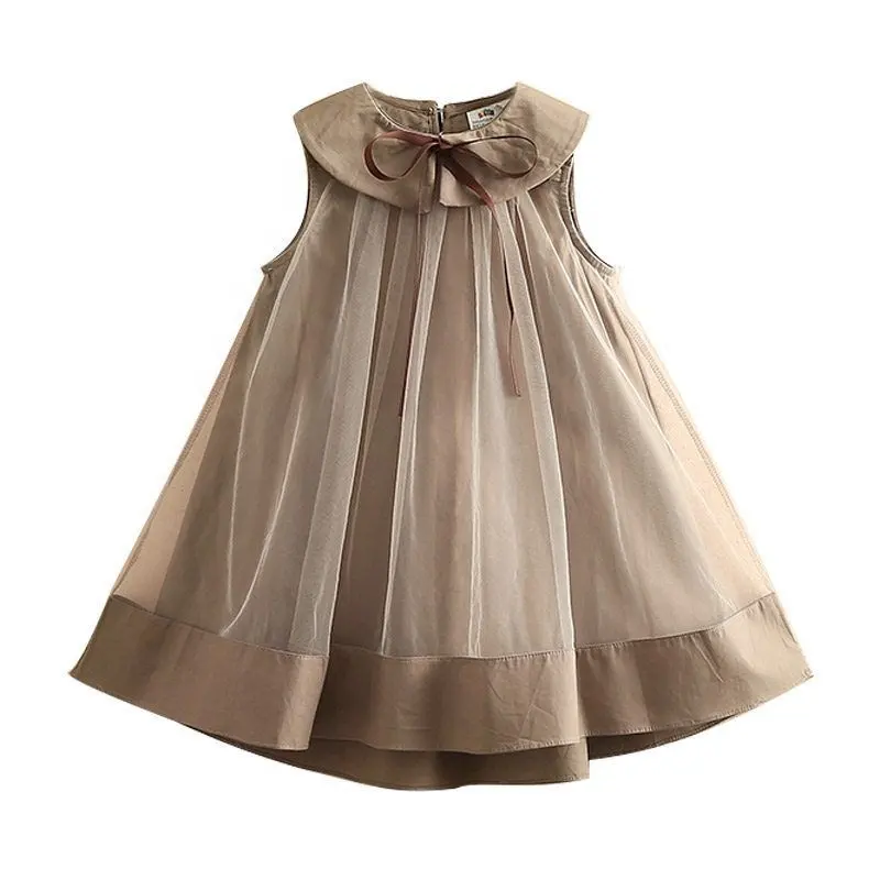 2022 Sommer 3 6-12 Jahre Kinder College-Stil Schleier Mesh Peter Pan Kragen Prinzessin Patchwork ärmelloses Kleid für Kinder Baby Girl