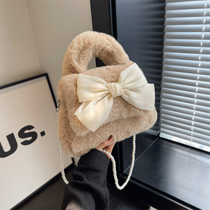 Plush Tote Bag With Bow Pearl Chain For Women Fall 2023 Solid Color Zipper Closure Everyday Use - Product Image 1
