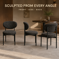 Chaise de restaurant en tweed avec dossier ovale sculpté, tissu Salt Pepper, structure en métal noir mat