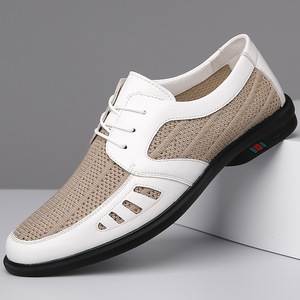 Chaussures bateau en cuir respirant pour hommes, blanches et noires, à lacets, décontractées, pour l'été - Product Image 1
