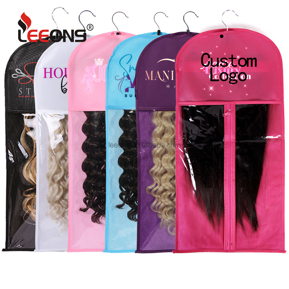Пыленепроницаемые нетканые пучки для волос Leeons с логотипом на заказ из ПВХ, упаковочные сумки для наращивания волос, сумка для хранения париков с деревянной вешалкой