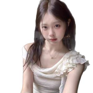 Camiseta Beige sin Mangas con Cuello con Volantes, Transpirable, de Secado Rápido, para Mujer, Verano 2025, Color Sólido, Chifón, Corte Regular - Product Image 5