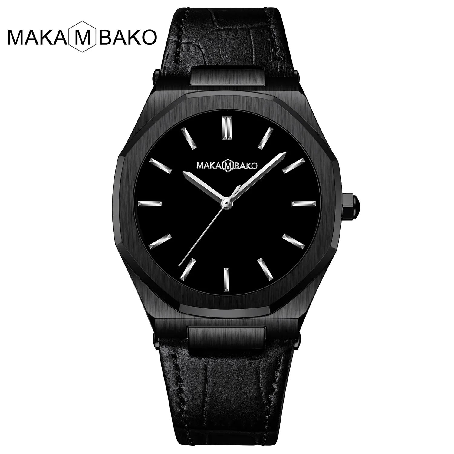 MAKAMBAKO 5015 black gents quartz watch stylish PU leather band water resistant analog display Minimalist wristband watch