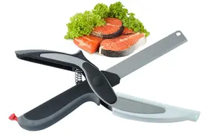 Pisau pemotong cincang makanan Cerdas 2-in-1, pisau gunting dengan papan pemotong bawaan untuk memotong buah sayuran daging