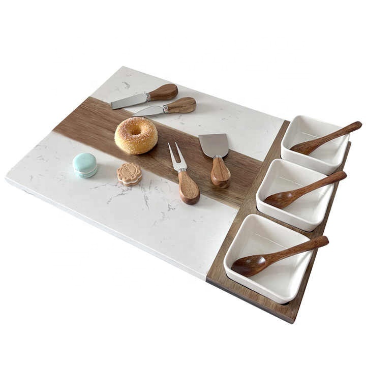 Factory Marble Acacia Wooden Charcuterie Cheese Board With 3 Ceramic Bowl Cheese Board Set Charcuterie Serving Platter · image 5