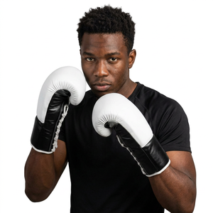Leather Boxing <b>Gloves</b> Laced Up White Black Training <b>Gloves</b> for Adults Breathable Multi Layer Foam Protection Boxing <b>Gloves</b> - Product Image 1