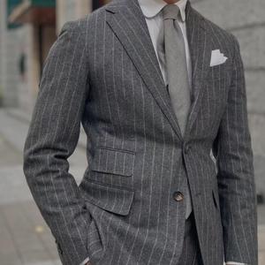 <span class=keywords><strong>Costume</strong></span> en laine gris à fines rayures pour <span class=keywords><strong>homme</strong></span>, tissu flanelle respirant 360g, coupe ajustée, veste croisée, style italien, semi-entoilée, col en V - Product Image 1