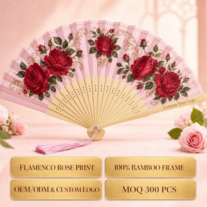 Éventail Flamenco à Main en Bambou Imprimé Roses Rouges avec Pompon Rose, Logo Personnalisé, Cadeau de Fête, Vente en Gros, Fabrication Directe - Product Image 3
