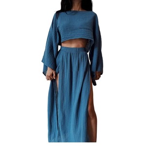 Casual Vacation Short Top High Waist Slit Cotton <b>Linen</b> Skirt Women's 2 Piece <b>Set</b> Fashion - Product Image 3