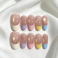 Faux ongles ovales à presser, French manucure colorée bleu, jaune, rouge, menthe, faits main, avec strass et pois colorés, 10 pièces