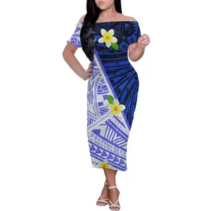工厂直销波利尼西亚部落设计印花夏季渐变蓝色露肩连衣裙定制图案女礼服