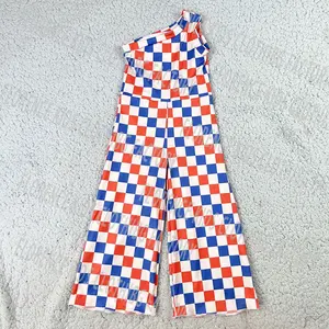 DH ODM 4th Of July Checkered Summer 1 Shoulder Flare Pants Toddler Jumpsuit Baby Bubble Romper